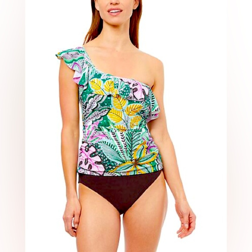 NWT Profile by Gottex Tropic Boom One Shoulder Ruffle Tankini top